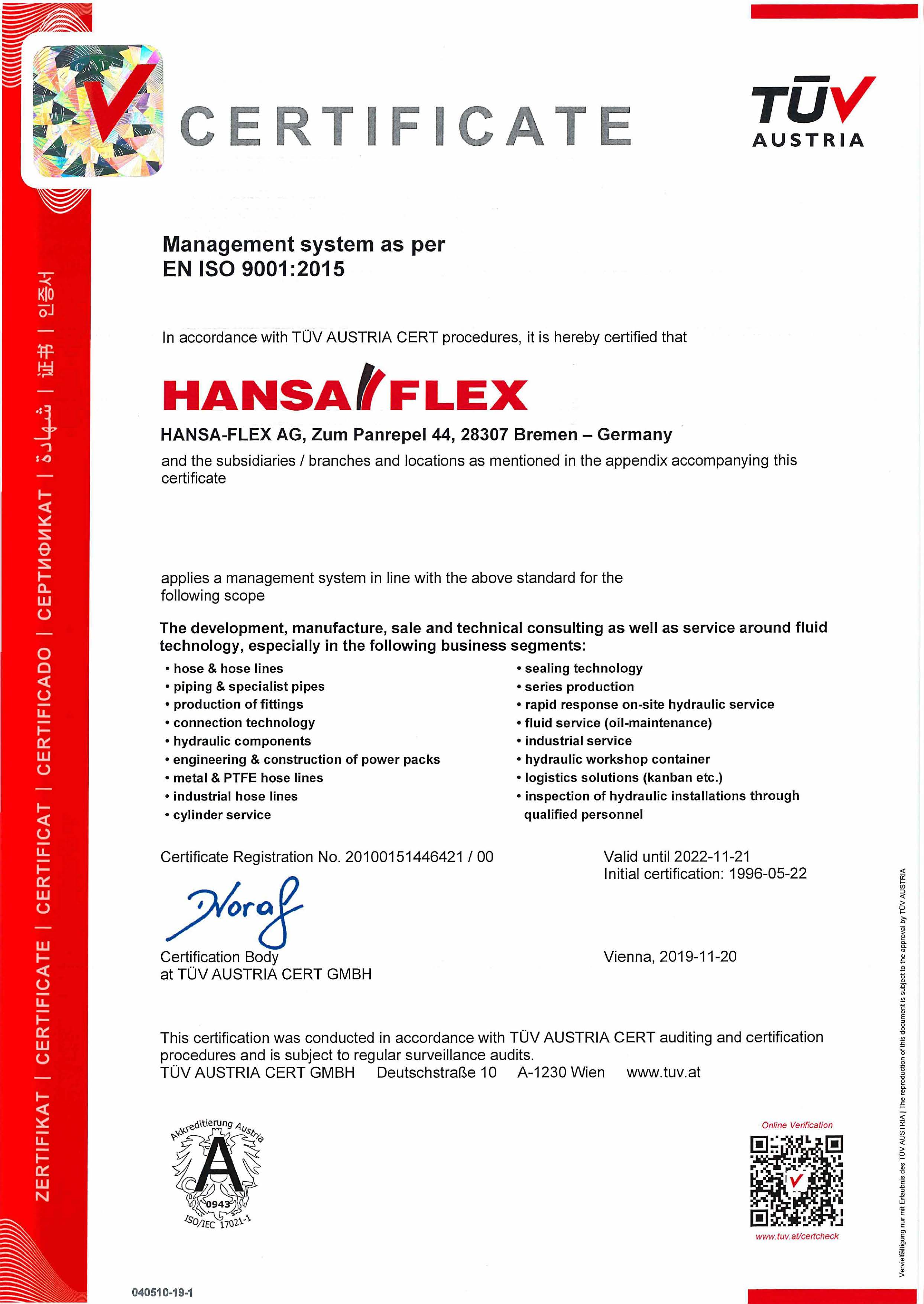 Strictly tested quality according to EN ISO 9001:2015